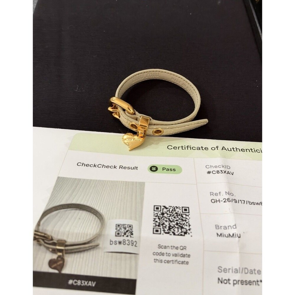 Miu Miu Bracelet Beige Swing Heart Leather GP W/COA
